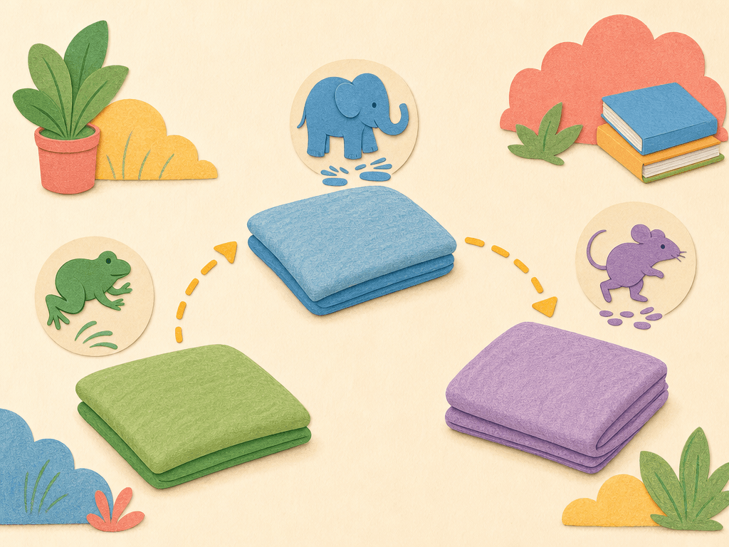 An indoor movement trail using cushions and animal movement prompts.