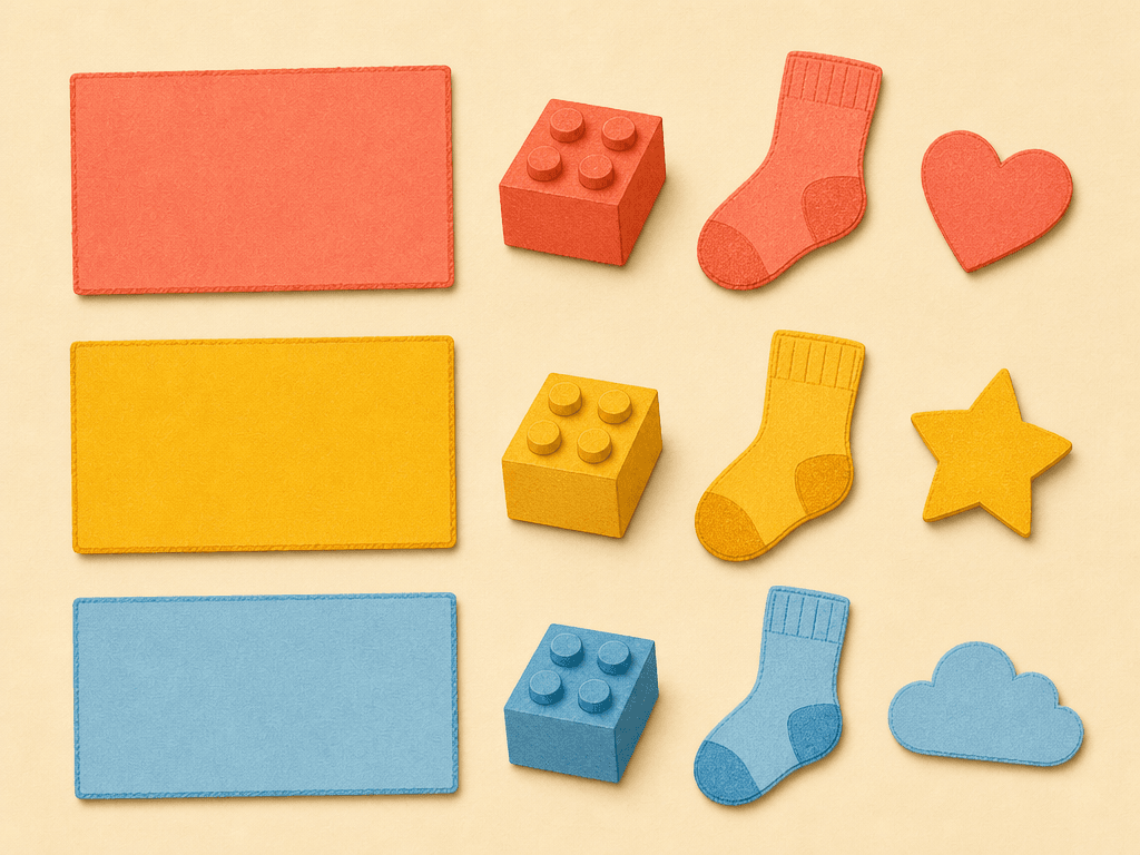 Coral, yellow and blue household objects matched to three coloured cards.