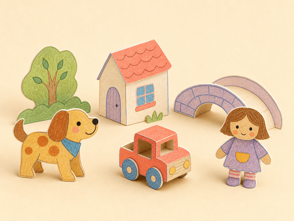 Three toys arranged with a small house, bridge and tree for imaginative storytelling.